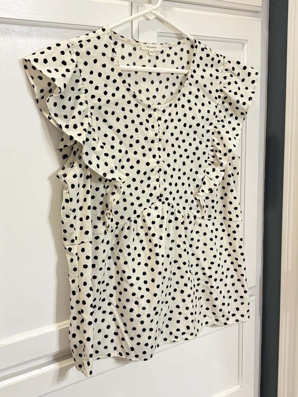 Pleione Black White Polka Dot Ruffle Blouse Small Parisian Coquette Timeless